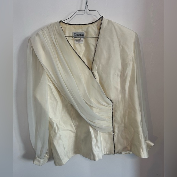 Nu-Mode Tops - Vintage Elegant Cream Blouse with Rhinestone Trim and Shoulder Pads